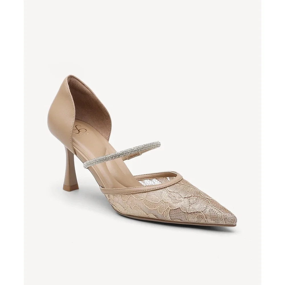 Cosy Island CharmElle Sparkle Pointed Toe Heeled Pumps Lace Apricot size 9.5‎